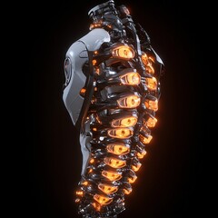 Glowing Futuristic Cyborg Exoskeleton with Illuminated Metallic Armor in Dark Abstract Setting