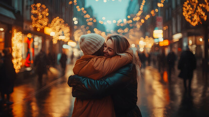 Obraz premium Warm Embrace on a Rainy Night, Festive City Lights Blurred Background, Two Friends Sharing Joyful Moment Underneath Sparkling Illumination.