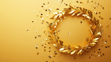 Mock up of Gold Medal Laurel Wreath With Decorative Confetti on Golden Background