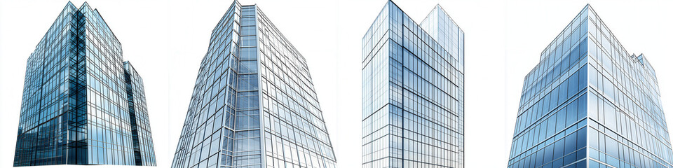 Obraz premium A collection of modern glass buildings showcasing sleek designs and reflective surfaces against a clear sky.