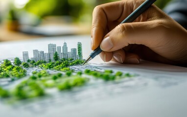 A high-resolution close-up photograph of a person drawing a city skyline on paper, featuring green trees and eco-friendly buildings.