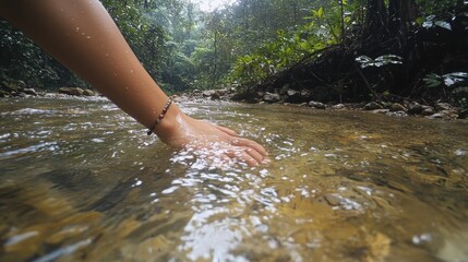 A female hand touching the river water