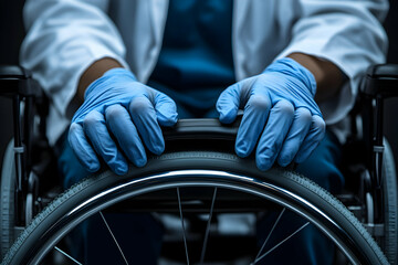 Fototapeta premium Gloved Hands Gripping Wheelchair Wheel, A Close-Up Image