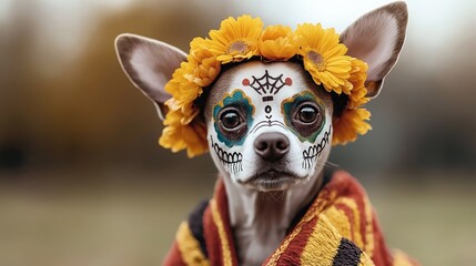 Small dog wearing Day of the Dead face paint and a yellow flower crown with a colorful striped blanket outside