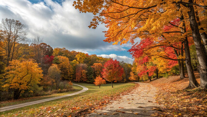 Beautiful autumn landscape with. Colorful foliage in the park. Falling leaves natural background
