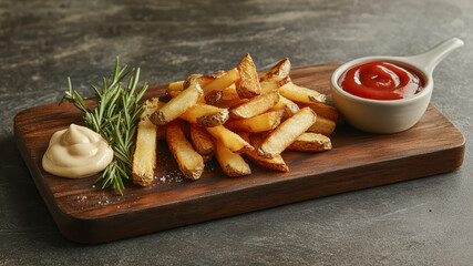 Enjoying Crispy French Fries With Ketchup and Mayonnaise on a Wooden Table Setting