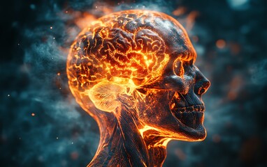 Digital rendering of a human head with xray anatomy, showcasing the painful regions of the brain during a migraine or headache