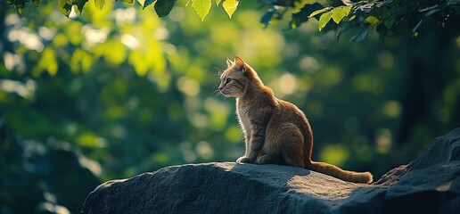 Obraz premium A serene orange cat perched on a rock amidst lush greenery.