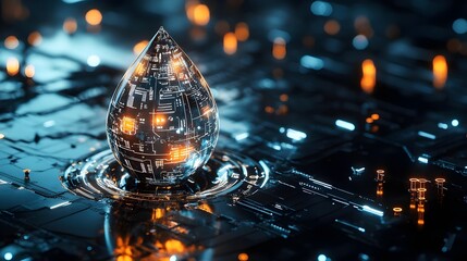 drop of liquid filled with technology schematics and futuristic lights on dark background. Droplet concept design vector illustration. 3D render of a macro view concept of drop of liquid