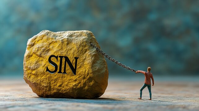 A man struggles to pull a large stone marked 'SIN' with a chain, symbolizing the weight of guilt and the effort to overcome personal challenges.