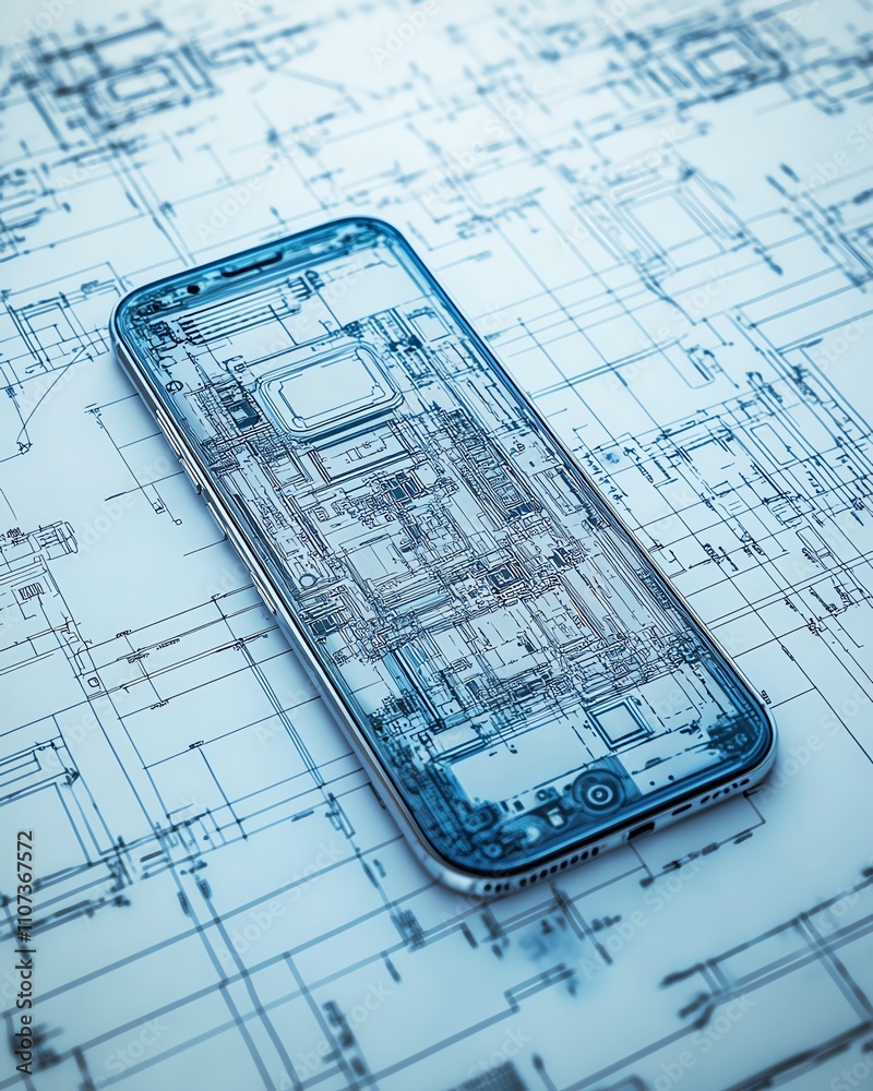 Aufkleber a detailed blueprint of a smartphone on a circuit board, showcasing intricate lines and designs, rep