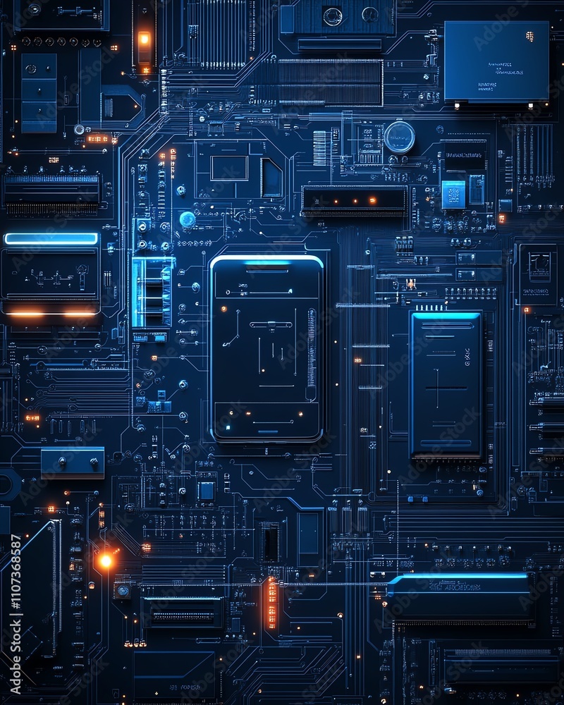Poster a highly detailed blueprint of a smartphone on a circuit board, with sharp, intricate lines, embodyi
