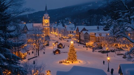 Obraz premium A snowy town square illuminated by glittering holiday lights and a glowing nativity scene centerpiece