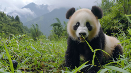 Obraz premium A panda playing with a ball in an open meadow, with mountains in the background.