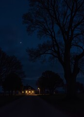 Charming house illuminated at night under a crescent moon in a tranquil countryside setting