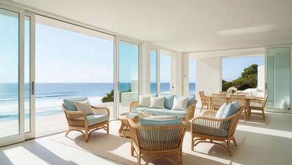 Fototapeta premium A bright, airy living area with coastal views, featuring rattan furniture and large glass windows that open to the sea.