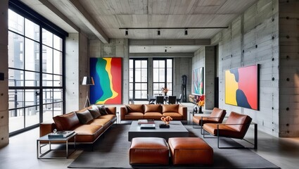 A modern living room featuring a spacious layout, leather furniture, colorful artwork, and large windows allowing plenty of natural light.