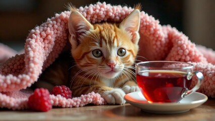Portrait of  kitten under a warm blanket with raspberry tea,  cold remedy