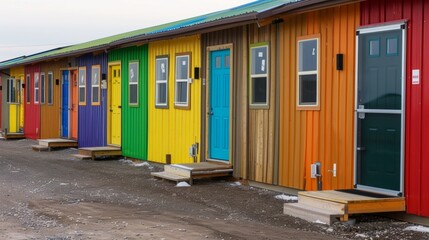 Fototapeta premium A row of sy cabins with brightly colored doors providing cozy and private living spaces for the workers.