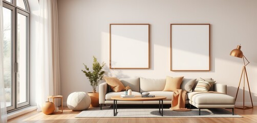 Two Vertical Poster Frames Mockup in Warm-Toned Scandinavian Interior 3D render