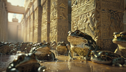 The Second plague of Egypt, Plague of Toads Swarm in Egyptian Temples, Illustration from the Book of Exodus

