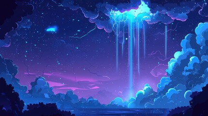 Neon Blue Lights Streaming Down Through Clouds