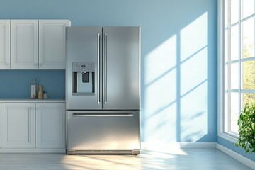 Luxury double-door refrigerator in a blue-walled kitchen