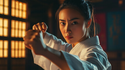 A determined young Asian woman in a white karate gi, adopts a fighting stance. Warm lighting illuminates her focused expression in a traditional martial arts dojo setting