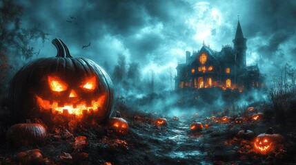 Naklejka premium Glowing jack-o'-lanterns illuminate a spooky path leading to a haunted mansion under a full moon.