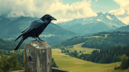 Fototapeta premium majestic mountain scene, wild raven on weathered fence post, feeding interaction, aerial view of green valley, adventure photography style