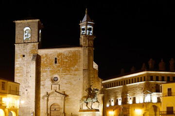 Trujillo (Cáceres) Spain. Illumination of the Church of San Martín de Tours in the main square of...