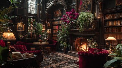 Naklejka premium Luxurious library with fireplace, velvet sofas, bookshelves, and floral arrangements.