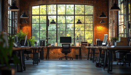 Fototapeta premium Modern office, brick wall, large window