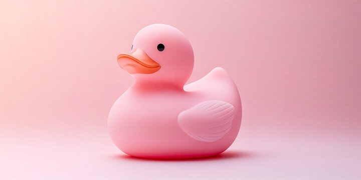 A pink rubber duck sits on a pink background. The duck is cute and playful