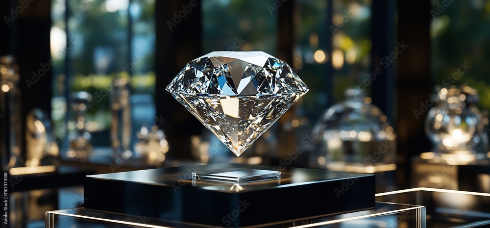 Poster a sparkling diamond displayed elegantly in a luxurious setting.