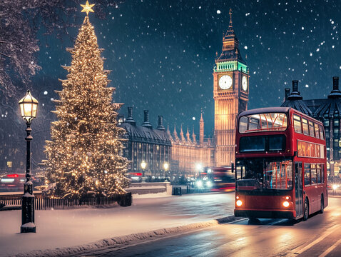 A night scene in London during Christmas with snow, a festive decorated tree and a double decker Bus