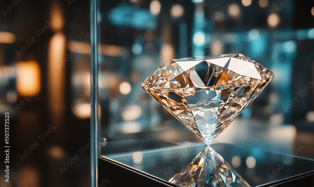 Poster a sparkling diamond displayed in a showcase, highlighting its brilliance.