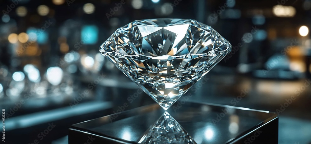 Poster a sparkling diamond displayed on a reflective pedestal.