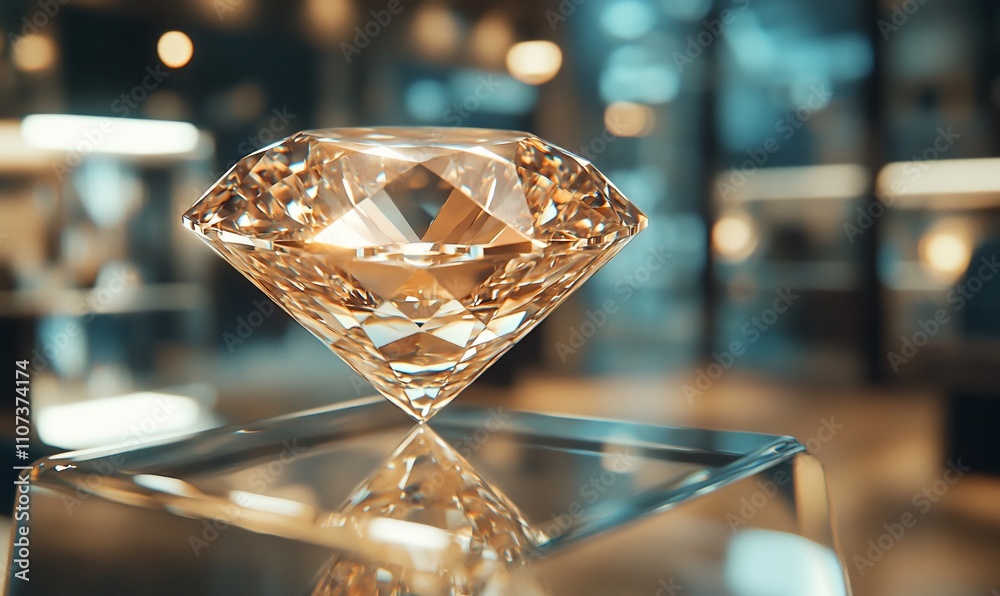 Poster a sparkling diamond displayed on a glass stand in a showcase.