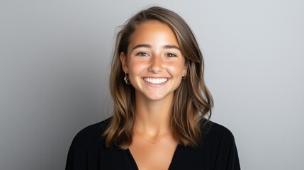 Obraz premium Smiling young caucasian female against gray background