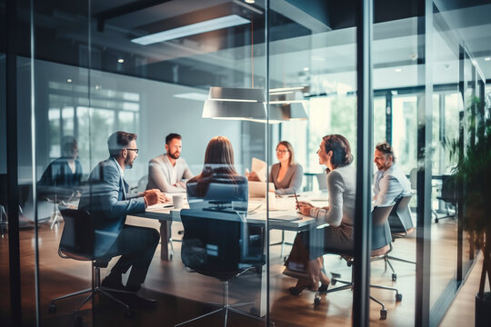 Blurred corporate business team and manager in a meeting in modern glass office