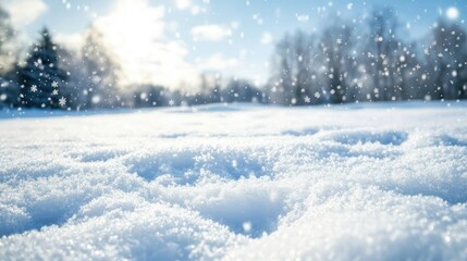Fototapeta premium Soft snow blankets the ground as delicate snowflakes drift gently from the sky, illuminated by the bright midday sun in a tranquil winter wonderland