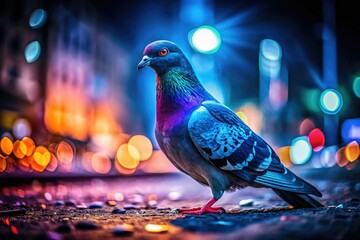 Obraz premium Night Pigeon Photography: Selective Focus, Ground Bird, Urban Wildlife, Dark Cityscape, Low Light, Nocturnal Bird, Bird Silhouette