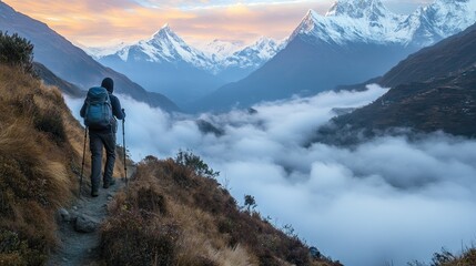 Fototapeta premium A trekker with walking poles scaling a misty hillside at dawn, with rolling clouds in the valley below.