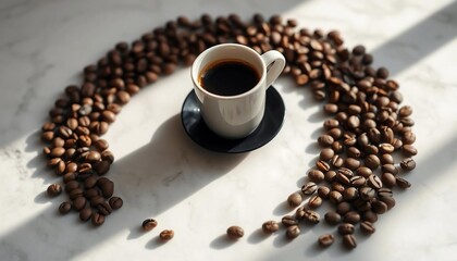 Naklejka premium Aromatic Coffee Cup with Roasted Beans on Marble