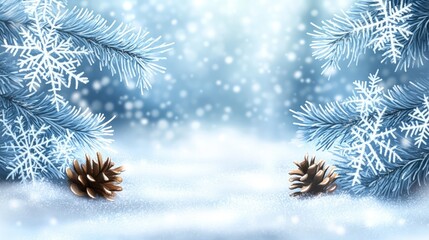 Obraz premium Snowflakes gently fall in a winter wonderland, blanketing the ground in soft white while pinecones rest amid frosty pine branches. A peaceful, enchanting scene unfolds