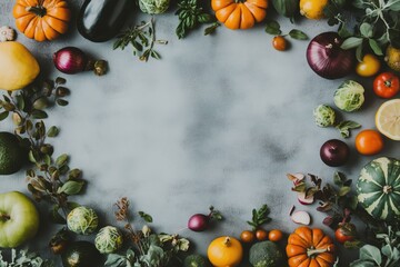 Obraz premium Colorful assortment of fresh vegetables and fruits on gray background