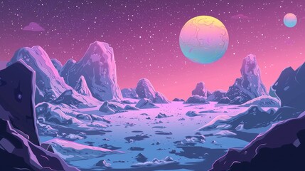 Obraz premium An alien planet with rocky mountains, a pink sky, and a large planet in the background