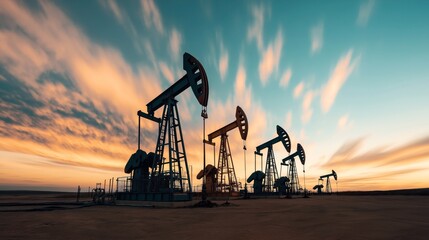 Row of oil pumpjacks on a drilling site during a vibrant sunset with colorful clouds in the sky, creating a dramatic landscape scene.