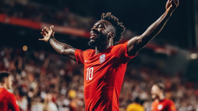 African male soccer player celebrates goal in red jersey at stadium